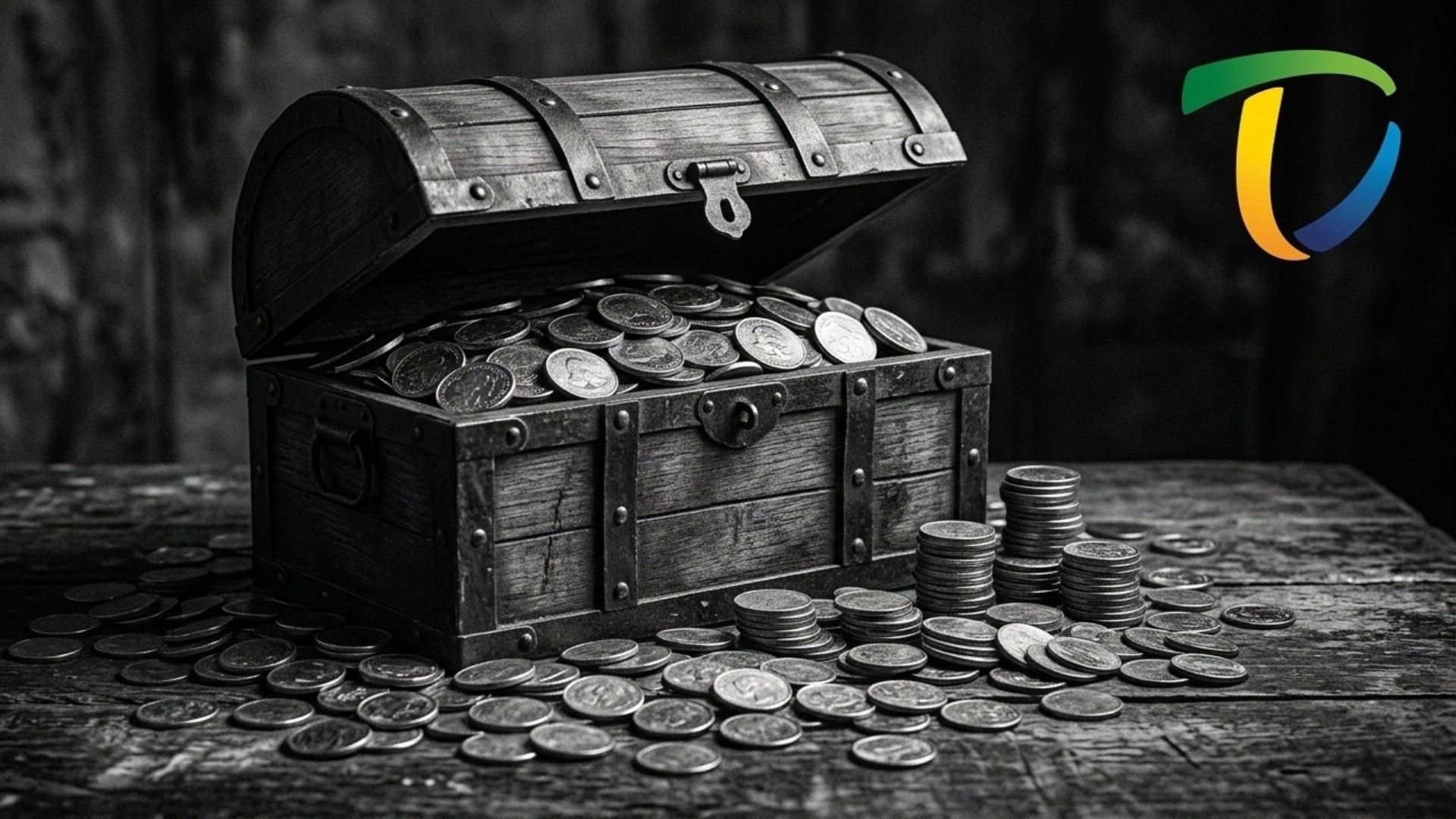 Baú do tesouro com moedas e logo do Tesouro Direto, simbolizando investimento seguro no governo federal.